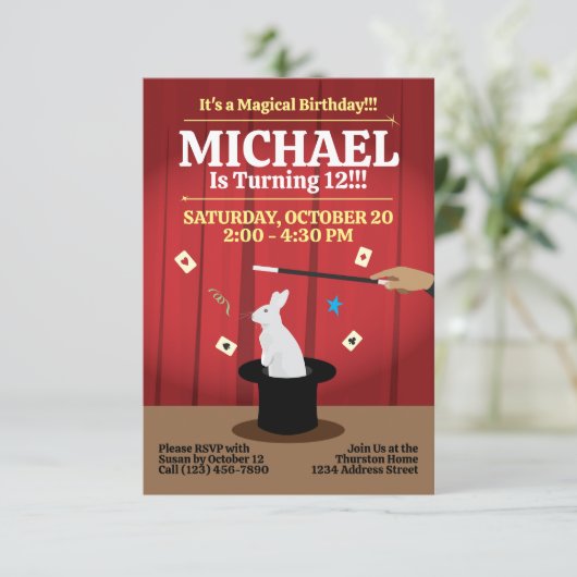 Magic Birthday Party Invitation - Top Hat & Bunny Kaart (Staand voorkant)