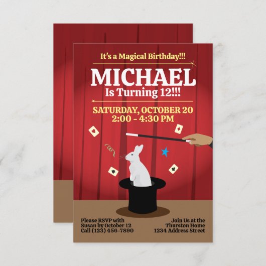 Magic Birthday Party Invitation - Top Hat & Bunny Kaart (Voorkant / Achterkant)