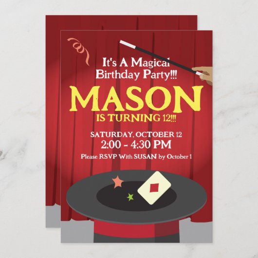 Magic Birthday Party Invitation Top Hat & Magic. Kaart (Voorkant / Achterkant)