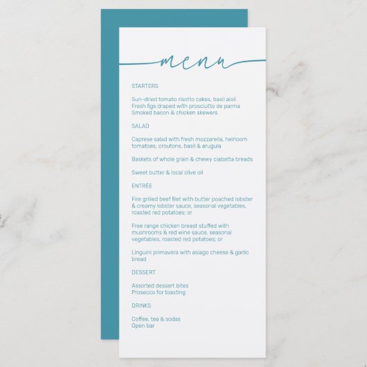 Magic Blue · Modern minimalistisch script bruiloft Menu (Voorkant / Achterkant)