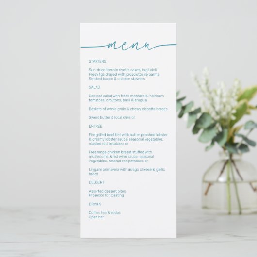 Magic Blue · Modern minimalistisch script bruiloft Menu (Staand voorkant)