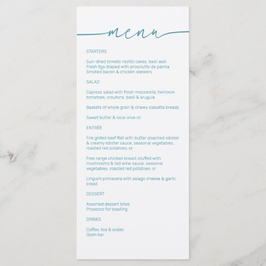 Magic Blue · Modern minimalistisch script bruiloft Menu (Voorkant)