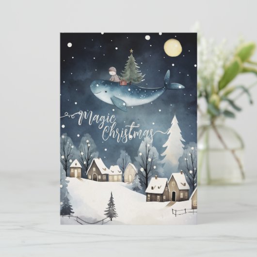 Magic Christmas: walvissen vliegen Feestdagenkaart (Staand voorkant)