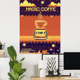 Magic Coffee – Retro Pixel Art Gamer Poster   8-bi