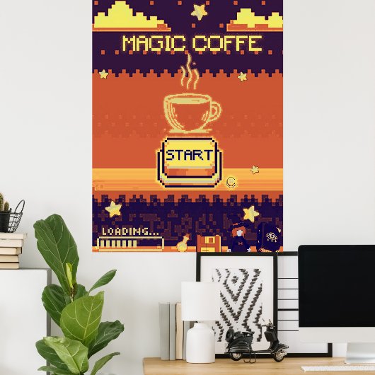 Magic Coffee – Retro Pixel Art Gamer Poster | 8-bi (Thuiskantoor)