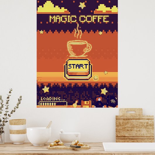 Magic Coffee – Retro Pixel Art Gamer Poster | 8-bi (Keuken)