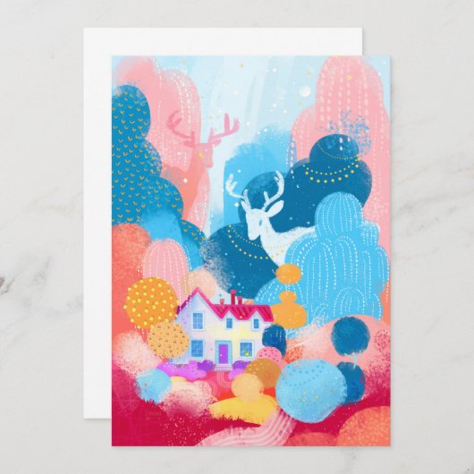 Magic Deer, Cute House en Tiny Duck Kaart (Voorkant / Achterkant)