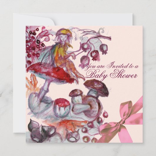 MAGIC FOLLET, MUSHROOMS, PINK BOW BABY GIRL SHOWER KAART (Voorkant)