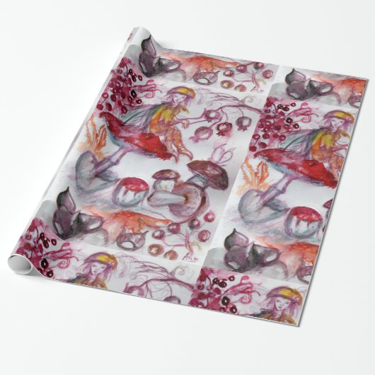MAGIC FOLLET OF MUSHROOMS Red White Floral Fantasy Cadeaupapier (Uitgerold)