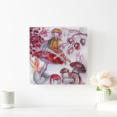 MAGIC FOLLET OF MUSHROOMS Whire Red Floral Fantasy Vierkante Klok (Huis)