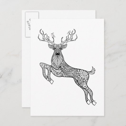Magic Horned Deer with Birds Doodle Briefkaart (Voorkant / Achterkant)