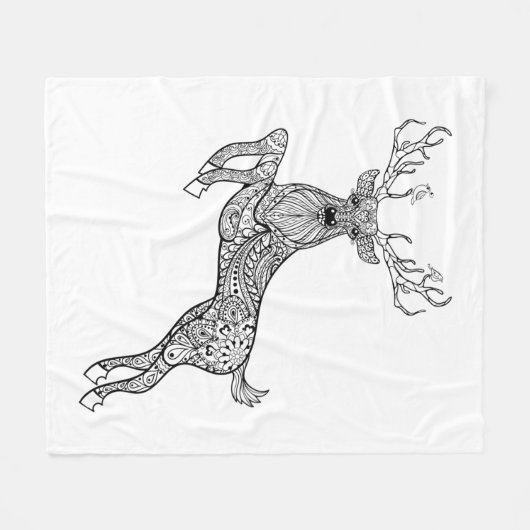 Magic Horned Deer with Birds Doodle Fleece Deken (Voorkant (Horizontaal))