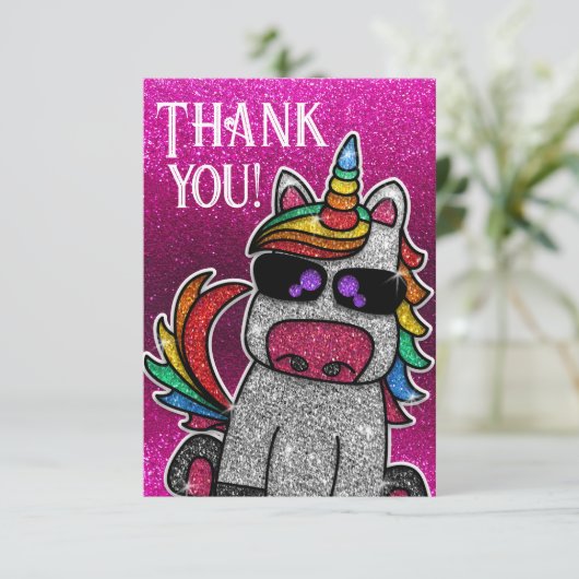 Magic Hot Roze Eenhoorn Glitter Whimsical Verjaard Bedankkaart (Staand voorkant)