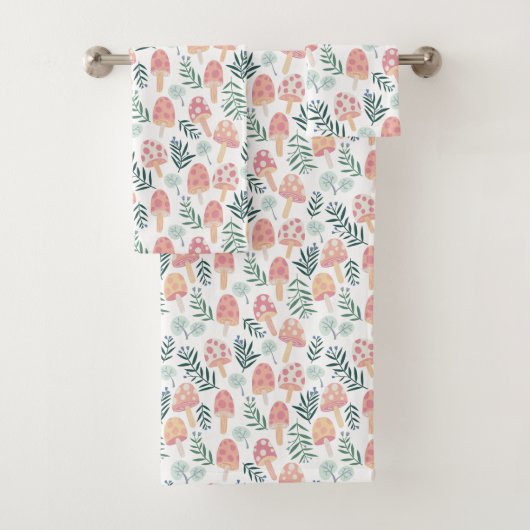 Magic Mushrooms Forest Pattern roze Green Bad Handdoek (Insitu)