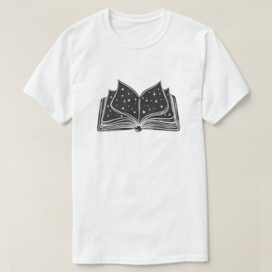 Magic Open Spellbook – Stars and Wizardry T-shirt (Design voorkant)