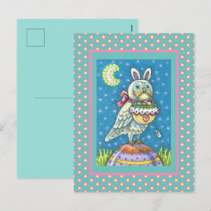 MAGIC OWL & EASTER BASKET, WHIMSICAL FOLK ART BIRD FEESTDAGENKAART