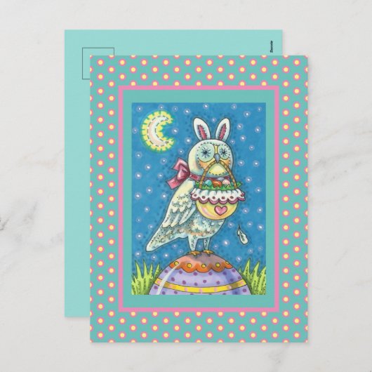 MAGIC OWL & EASTER BASKET, WHIMSICAL FOLK ART BIRD FEESTDAGENKAART (Voorkant / Achterkant)