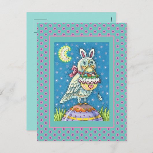MAGIC OWL & EASTER BASKET, WHIMSICAL FOLK ART BIRD FEESTDAGENKAART (Voorkant / Achterkant)