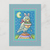 MAGIC OWL & EASTER BASKET, WHIMSICAL FOLK ART BIRD FEESTDAGENKAART (Voorkant)