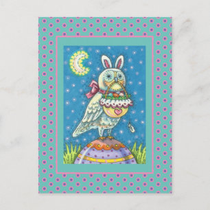 MAGIC OWL & EASTER BASKET, WHIMSICAL FOLK ART BIRD FEESTDAGENKAART