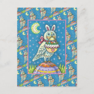 MAGIC OWL & EASTER BASKET, WHIMSICAL FOLK ART BIRD FEESTDAGENKAART