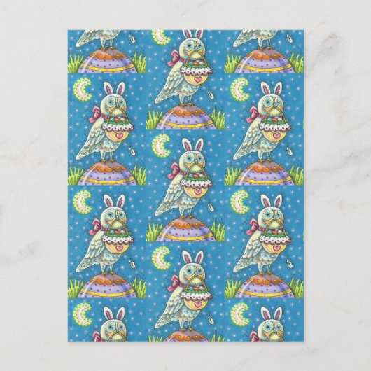 MAGIC OWL & EASTER BASKET, WHIMSICAL FOLK ART BIRD FEESTDAGENKAART (Voorkant)