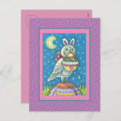 MAGIC OWL & EASTER BASKET, WHIMSICAL FOLK ART BIRD FEESTDAGENKAART (Voorkant / Achterkant)