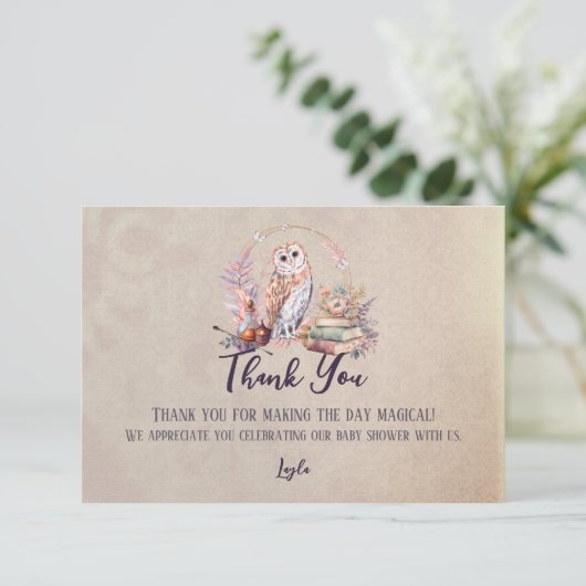 Magic Owl Girl Wizard Baby shower Bedankt (Staand voorkant)