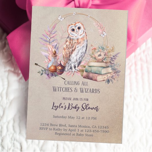 Magic Owl Girl Wizard Baby shower Kaart