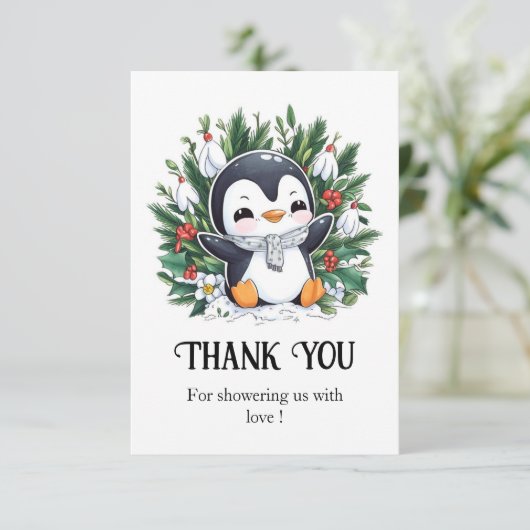 Magic  Penguin Baby shower Bedankkaart (Staand voorkant)