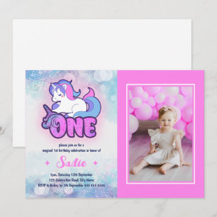 Magic Pink Paars Unicorn 1e verjaardag Foto Kaart
