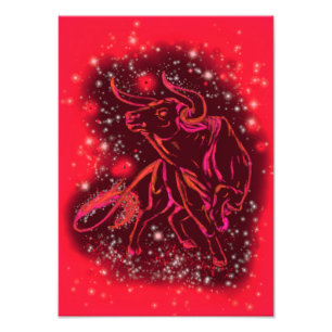 Magic Red Neon Bull onderweg - verbluffende Sterre Foto Afdruk