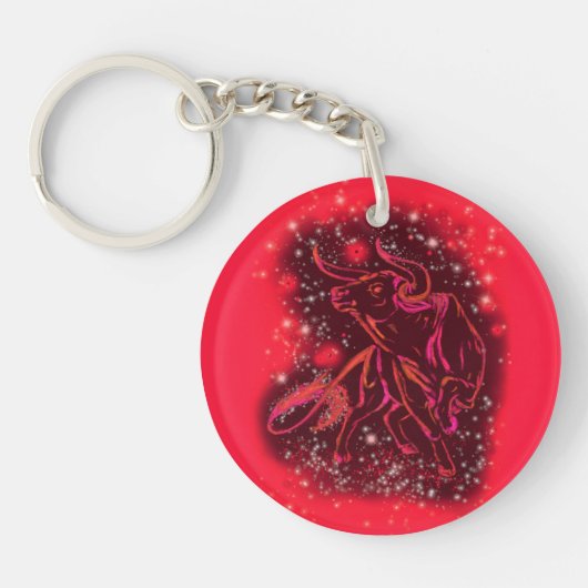 Magic Red Neon Bull op Sterrennacht Sleutelhanger (Voorkant)