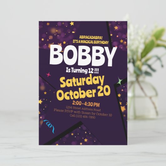 Magic Show Golden Stardust Thema Verjaardagsuitnod Kaart (Staand voorkant)