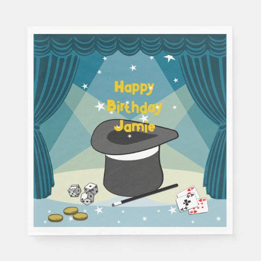 Magic Show Happy Birthday Naam Blauw Servet (Voorkant)