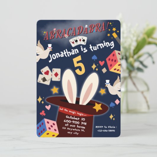 Magic Show Verjaardagsfeestje Uitnodiging Magic Tr (Staand voorkant)