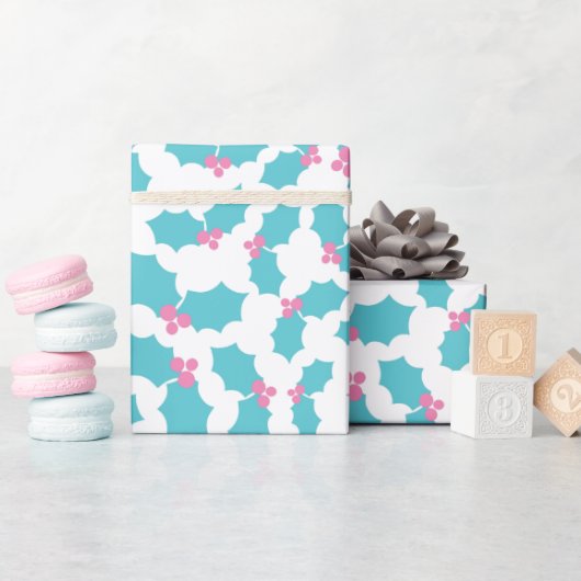Magic Turquoise & Roze Mistletoe Wit Naadloos Cadeaupapier (Baby Shower)