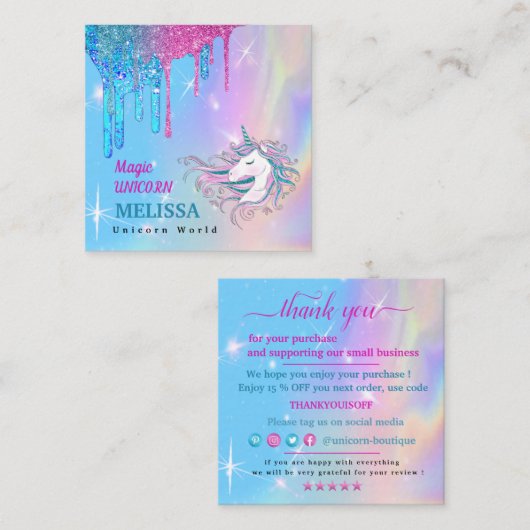 Magic unicorn bedankt vierkante visitekaartje (Voorkant / Achterkant)