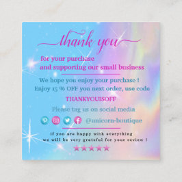 Magic unicorn bedankt vierkante visitekaartje