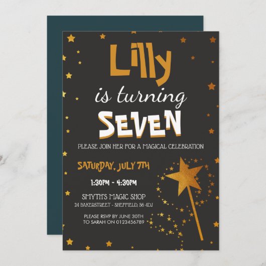 Magic Wand Star Theme Birthday Party Custom RSVP Kaart (Voorkant / Achterkant)