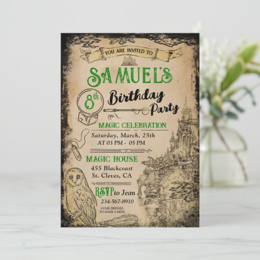 Magic Wizard Green Verjaardagsfeest Kaart (Staand voorkant)