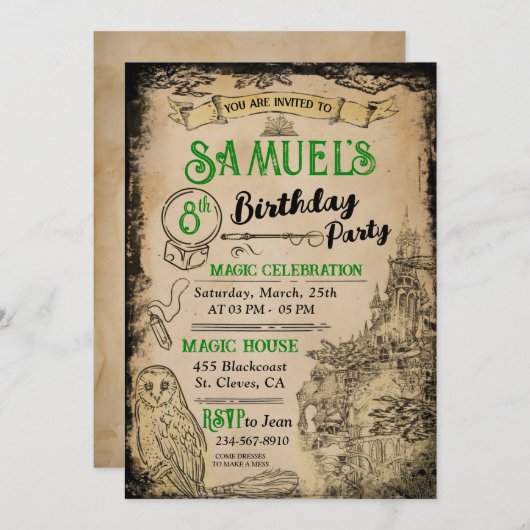 Magic Wizard Green Verjaardagsfeest Kaart (Voorkant / Achterkant)