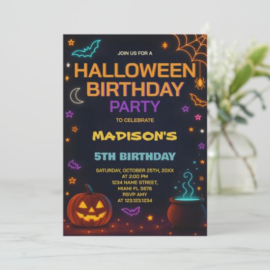 Magic & Wizard Halloween Verjaardag Uitnodiging (Staand voorkant)