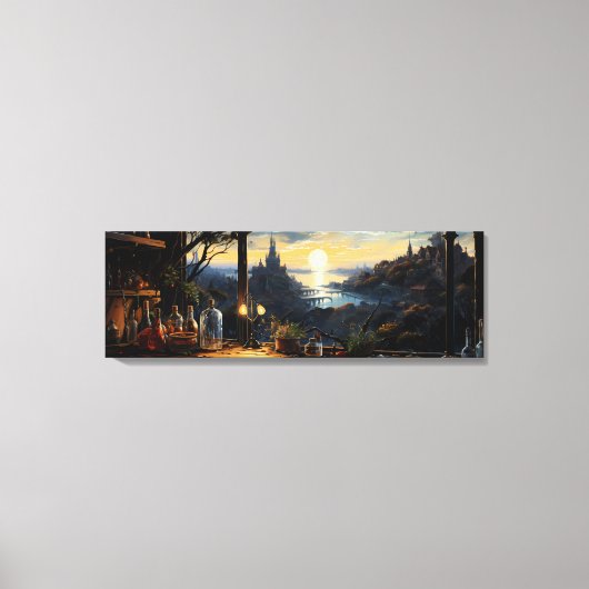 Magic Workshop Bench met uitzicht op een Fantasy B Canvas Afdruk (Voorkant)