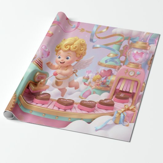 Magical 3D Cupid’s Valentine Gift Factory Scene Cadeaupapier (Uitgerold)