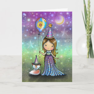 Magical Birthday Little Girl Balloon and Fox Kaart