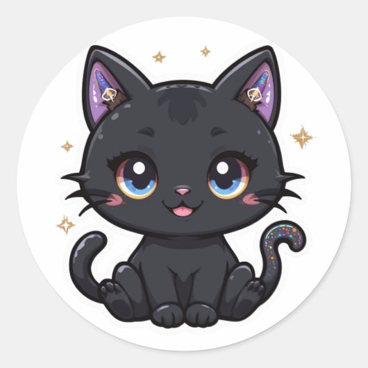 Magical Black Cat Kawaii Galaxy Tail Witchy Kat Ronde Sticker (Voorkant)