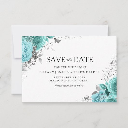 Magical Blue Blauwgroen Aqua Rozen Floral Wedding Save The Date (Voorkant)
