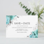 Magical Blue Blauwgroen Aqua Rozen Floral Wedding Save The Date (Staand voorkant)