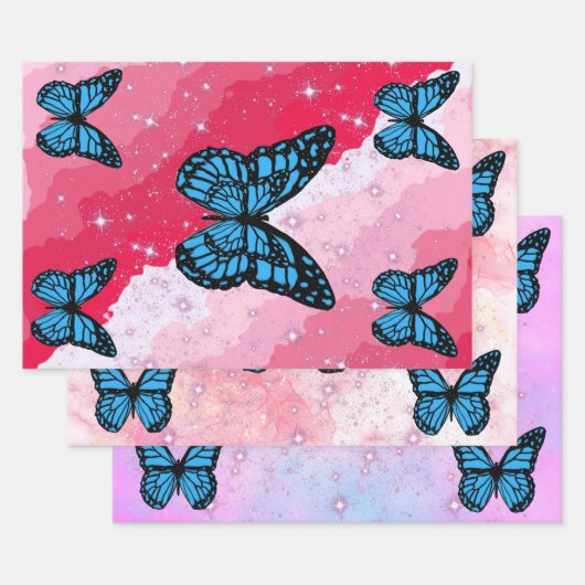 Magical blue butterfly pink glitter art inpakpapier vel (Set)